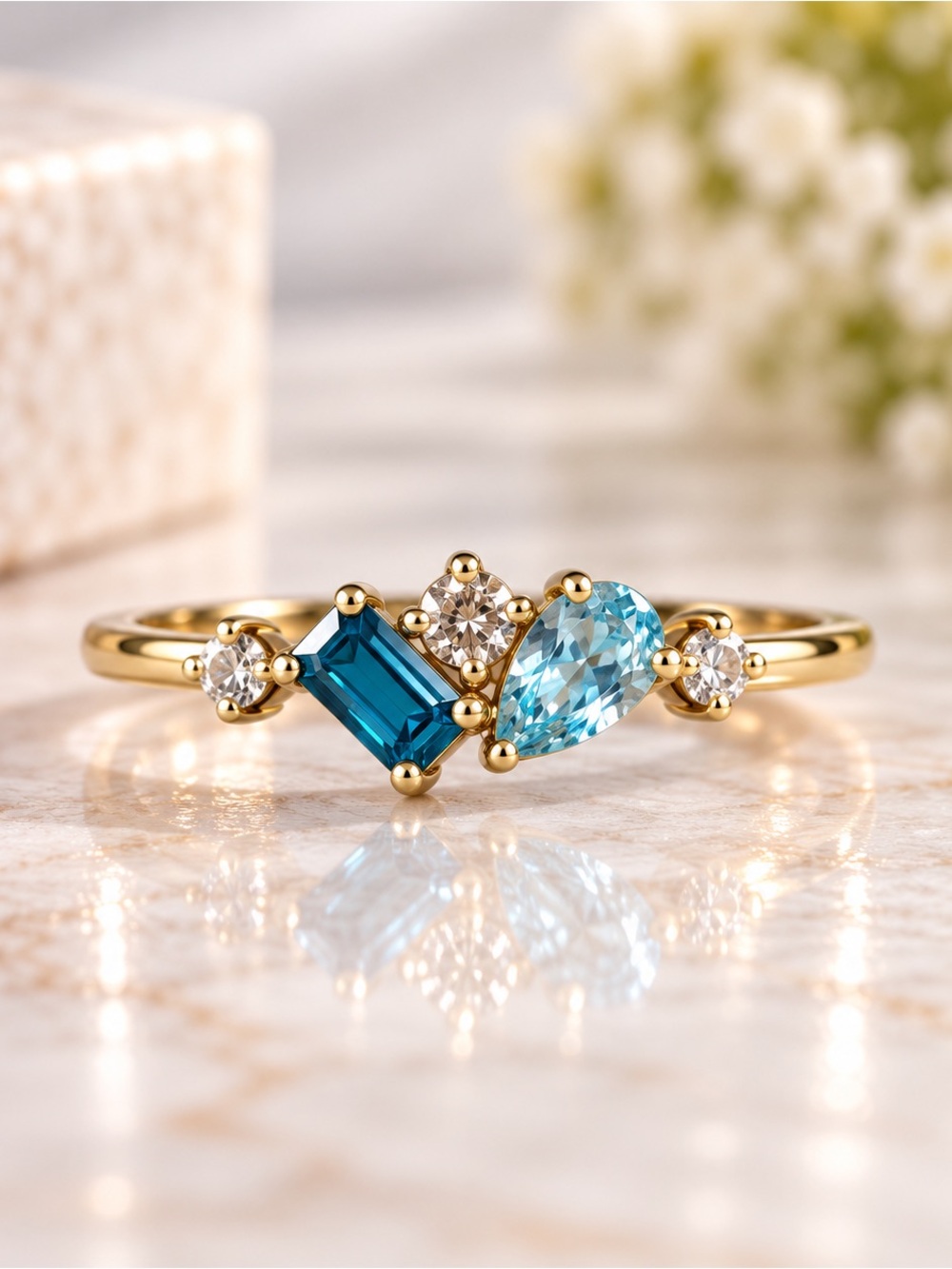 18KT Gold Plated Blue CZ Ring Size 7